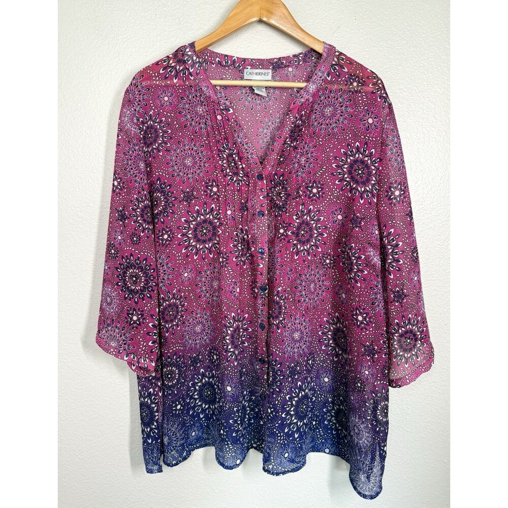 Catherine's Sheer Blouse Pink Purple‎ Design Size 1X Button 3/4 Sleeve Office